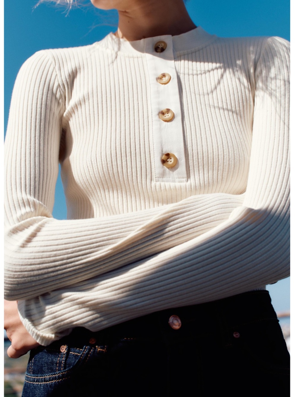 Zara Cream Ribbed Henley Long Sleeve Top